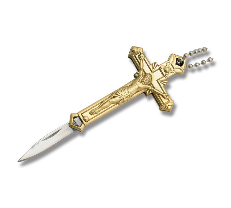 Crucifix Necklace Knife Brass Handle