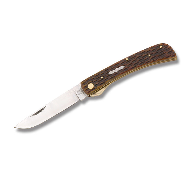 Large Work Knife Linerlock Amber Jigged Bone Handle